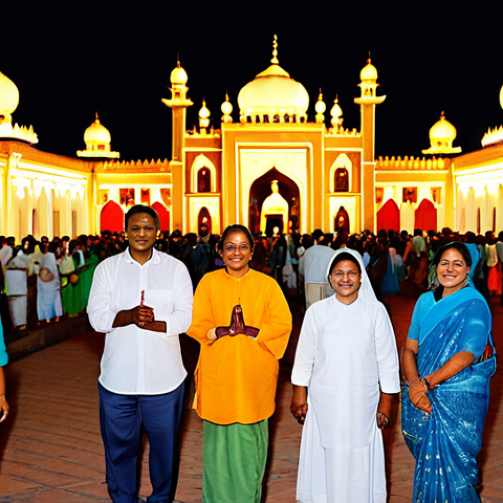 A Community Festival of Lights and Unity**

A diverse group of adult Mauritian people of various ethnic backgrounds, including individuals of Indian, Creole, and Chinese descent, respectfully participating in a vibrant outdoor festival at twilight. They are fully clothed in modest, traditional, and brightly colored attire, with some wearing white for a spiritual feel. The background features a harmonious blend of architectural styles, including subtle glimpses of traditional temples, colonial churches, and elegant mosques, all illuminated by countless twinkling festive lights and glowing lanterns. People are sharing smiles, observing the vibrant celebrations, and engaging in friendly, respectful conversation. The atmosphere is joyful, peaceful, and family-friendly.
**Quality modifiers:** Professional photography, high resolution, natural light, rich colors, perfect anatomy, correct proportions, well-formed hands, proper finger count, natural body proportions.
**Safety terms:** safe for work, appropriate content, fully clothed, modest, family-friendly.

**