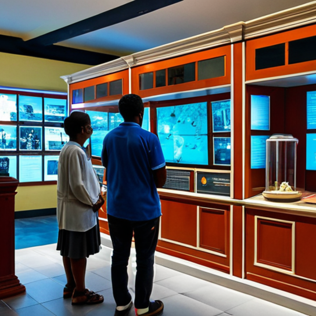 The Museum's Interior - Blending History and Technology**

"Interior of the Mauritius History Museum, featuring a modern interactive exhibit about the island's past. Visitors are engaging with a virtual reality display showcasing historical events. The scene highlights the blend of traditional artifacts and cutting-edge technology.  Fully clothed visitors, appropriate content, safe for work, perfect anatomy, correct proportions, professional museum photography, high quality, well-lit, family-friendly."

**