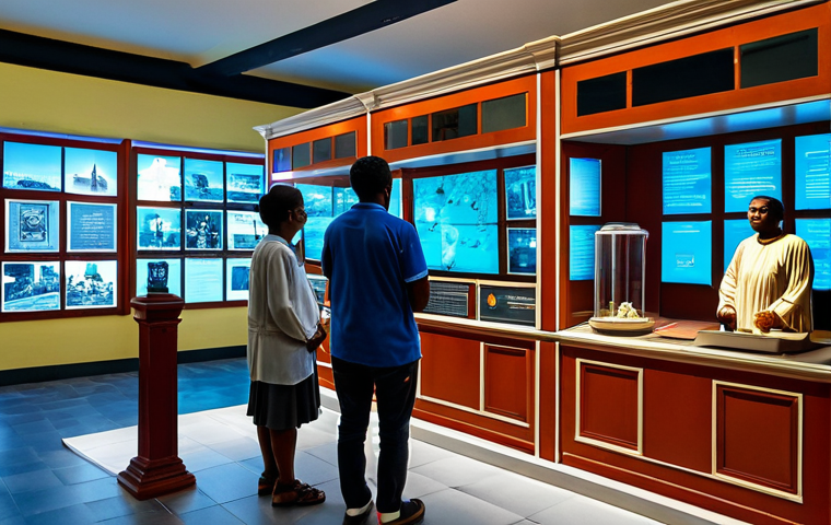 The Museum's Interior - Blending History and Technology**

"Interior of the Mauritius History Museum, featuring a modern interactive exhibit about the island's past. Visitors are engaging with a virtual reality display showcasing historical events. The scene highlights the blend of traditional artifacts and cutting-edge technology.  Fully clothed visitors, appropriate content, safe for work, perfect anatomy, correct proportions, professional museum photography, high quality, well-lit, family-friendly."

**
