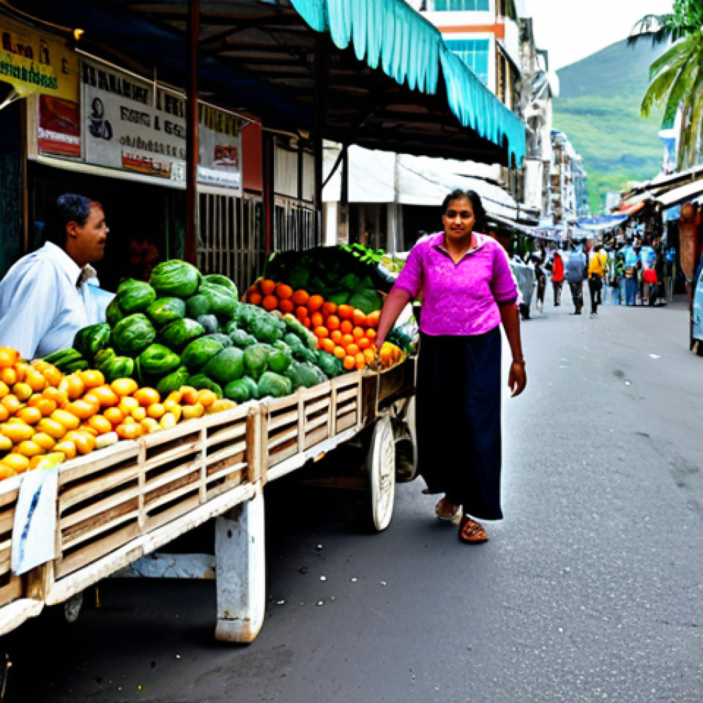 The Real Cost of Living**

"A busy street scene in Port Louis, Mauritius. A Mauritian family, fully clothed in modest everyday attire, are shopping at a local market for fruits and vegetables. The market is bustling with vendors and shoppers. In the background, modest apartments are visible. Focus on the faces of the family, showing determination and resilience. Safe for work, appropriate content, professional photography, perfect anatomy, natural proportions, realistic, high resolution."

**