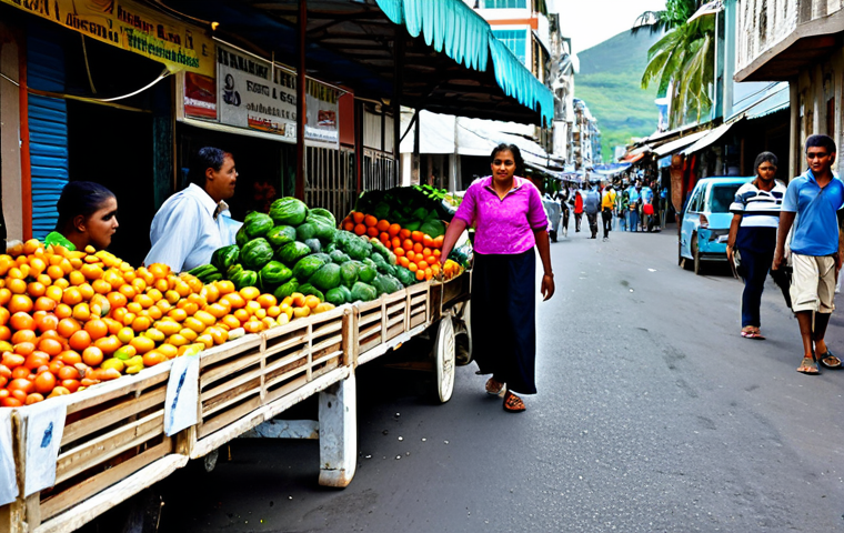 The Real Cost of Living**

"A busy street scene in Port Louis, Mauritius. A Mauritian family, fully clothed in modest everyday attire, are shopping at a local market for fruits and vegetables. The market is bustling with vendors and shoppers. In the background, modest apartments are visible. Focus on the faces of the family, showing determination and resilience. Safe for work, appropriate content, professional photography, perfect anatomy, natural proportions, realistic, high resolution."

**