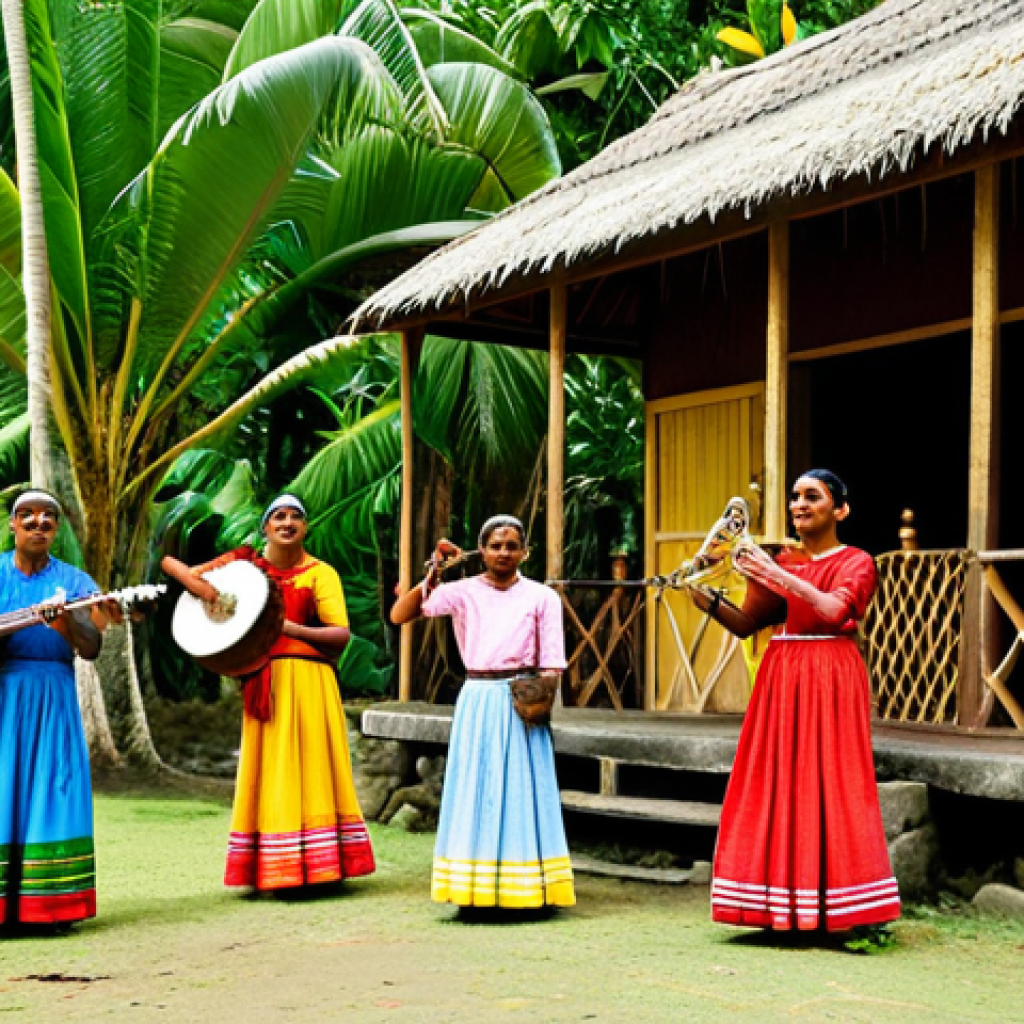 **

"A vibrant Sega performance in a Mauritian village. Musicians playing traditional instruments like the ravanne and maravanne, dancers in colorful, modest dresses, fully clothed, appropriate attire, safe for work.  Background: Traditional Mauritian houses, lush tropical foliage.  Perfect anatomy, correct proportions, natural pose, professional photography, high quality, family-friendly."

**