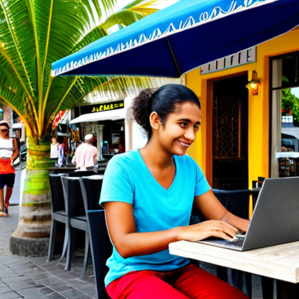 Connected Traveler in Mauritius**

"A traveler sitting at a cafe in Grand Baie, Mauritius, fully clothed in modest casual wear, using a laptop. In the background, a bustling street scene with colorful shops and palm trees. The cafe offers free Wi-Fi. Safe for work, appropriate content, professional quality, perfect anatomy, natural proportions. Depict a relaxed and productive atmosphere."

**