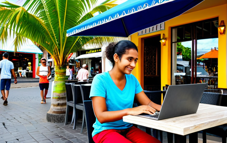 Connected Traveler in Mauritius**

"A traveler sitting at a cafe in Grand Baie, Mauritius, fully clothed in modest casual wear, using a laptop. In the background, a bustling street scene with colorful shops and palm trees. The cafe offers free Wi-Fi. Safe for work, appropriate content, professional quality, perfect anatomy, natural proportions. Depict a relaxed and productive atmosphere."

**