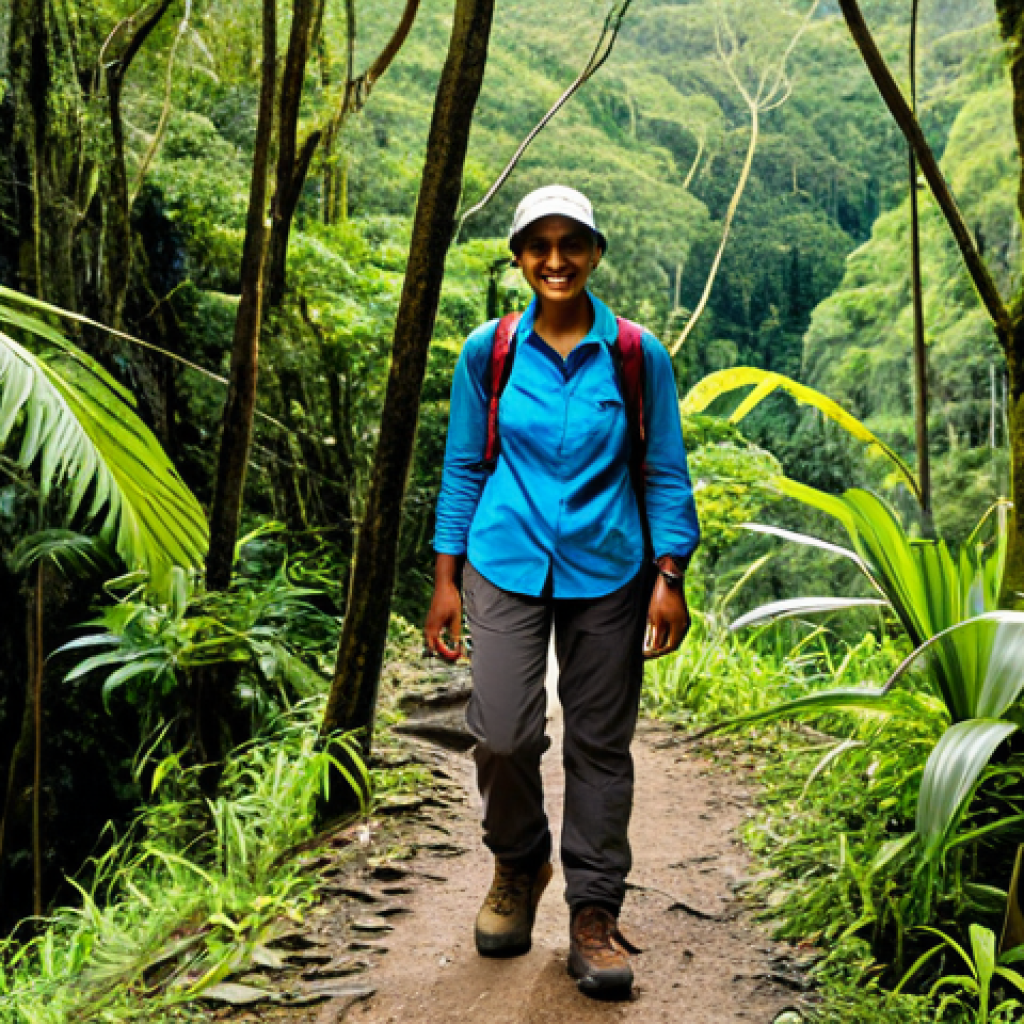 Macchabée Trail Hiker**

"A woman hiking the Macchabée Trail in Black River Gorges National Park, Mauritius. She is fully clothed in appropriate hiking attire: hiking boots, sturdy pants, a long-sleeved shirt, and a backpack. The background shows a lush, green rainforest with a winding trail. Perfect anatomy, correct proportions, natural pose, safe for work, appropriate content, modest, high quality."

**
