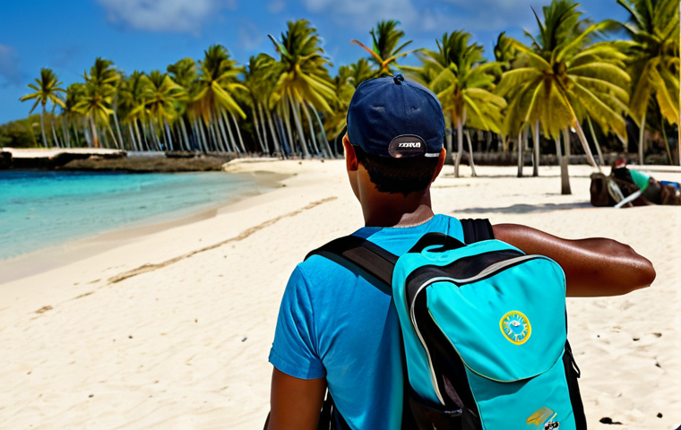 Protecting Valuables at the Beach**

Prompt: A fully clothed tourist, safe for work, is carefully securing a backpack with a lock onto a beach umbrella pole on a sunny Mauritius beach.  The beach is beautiful with turquoise water and palm trees in the background.  Several other fully clothed tourists are enjoying the beach in the distance.  Foreground focus on the locked backpack.  Indicate caution.  Perfect anatomy, correct proportions, professional, modest, family-friendly, appropriate content, high quality, no suggestive poses.

**