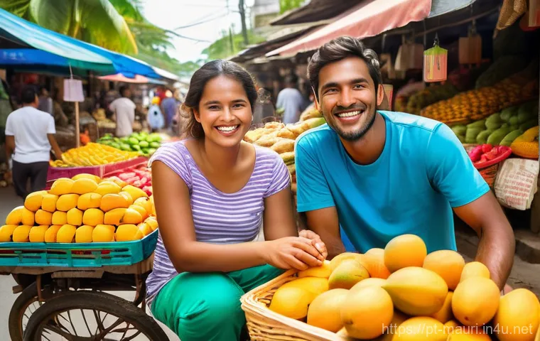 모리셔스 장기 거주 조건 - Image Prompt 1: Mauritian Family Market Day**