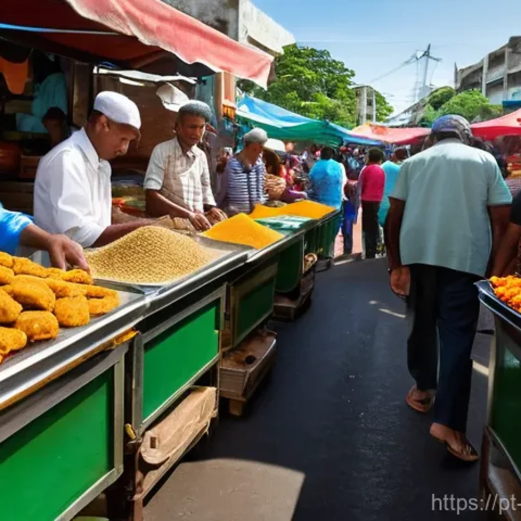 모리셔스 배낭여행 코스 - **Prompt:** A bustling, vibrant Mauritian local market (like Port Louis Central Market or Flacq Mark...