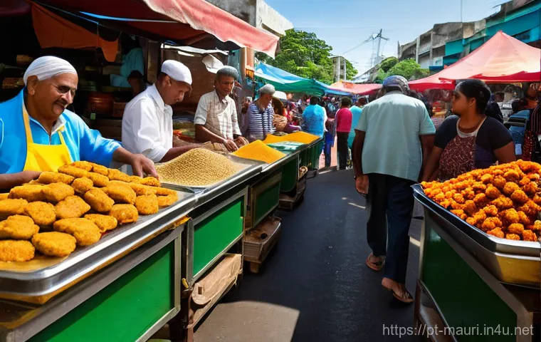 모리셔스 배낭여행 코스 - **Prompt:** A bustling, vibrant Mauritian local market (like Port Louis Central Market or Flacq Mark...