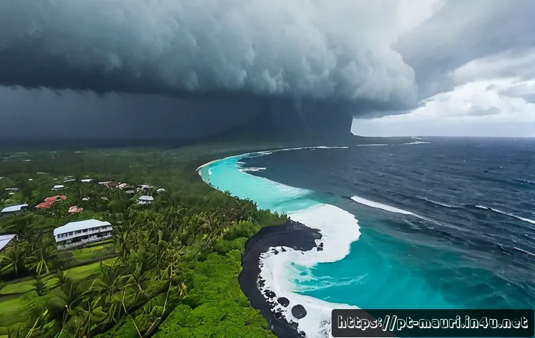 Home 17 모리셔스 자연재해 위험 - Photorealistic aerial view of Mauritius during a tropical cyclone, powerful waves crashing against a...